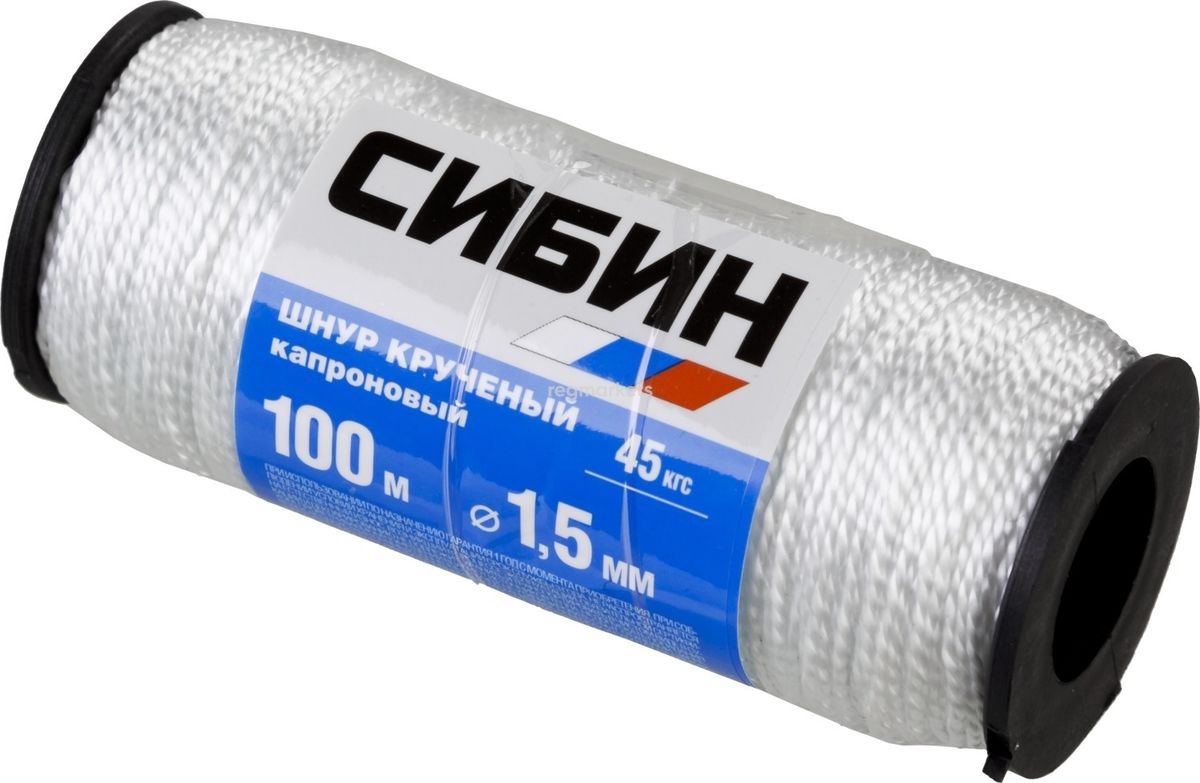 Шнур капроновый СИБИН крученый, белый, катушка 45кгс, 100м, д-1,5мм